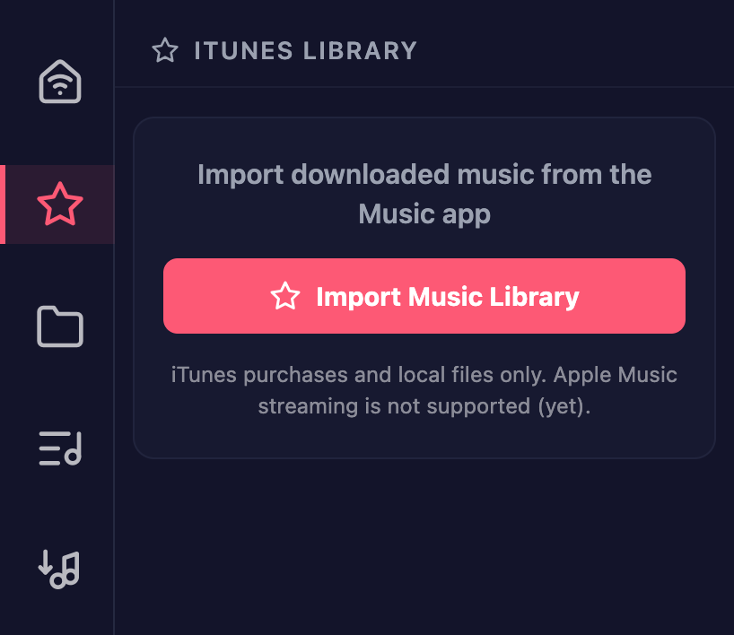 Unisong iTunes Library tab in the dark theme
