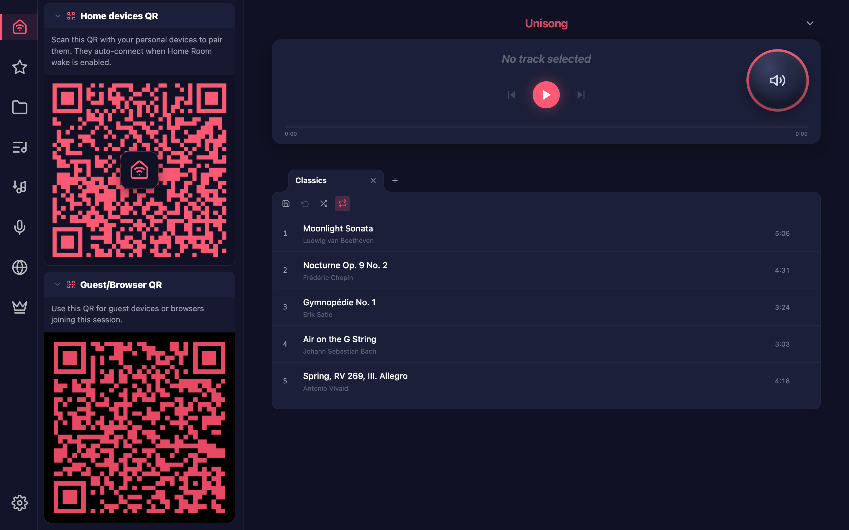 Unisong Home Room in the dark theme